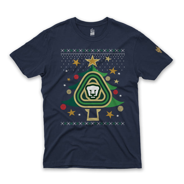 Playera Tipo Ugly Sweater Navideño-Pumas-Pino Marino-Caballero