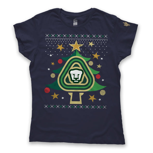 Playera Tipo Ugly Sweater Navideño-Pumas-Pino Marino-Dama