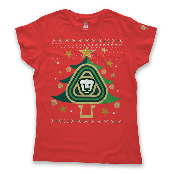 Playera Tipo Ugly Sweater Navideño-Pumas-Pino Rojo-Dama