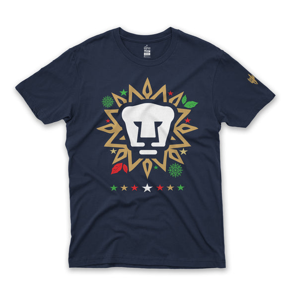 Playera Tipo Ugly Sweater Navideño-Pumas-Corona Navideña Marino-Caballero