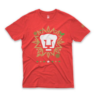 Playera Tipo Ugly Sweater Navideño-Pumas-Corona Navideña Rojo-Caballero