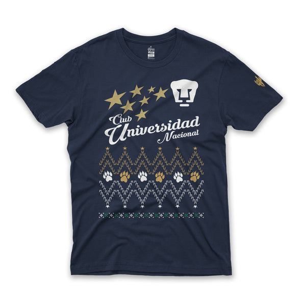 Playera Tipo Ugly Sweater Navideño-Pumas-Huellitas Marino-Caballero