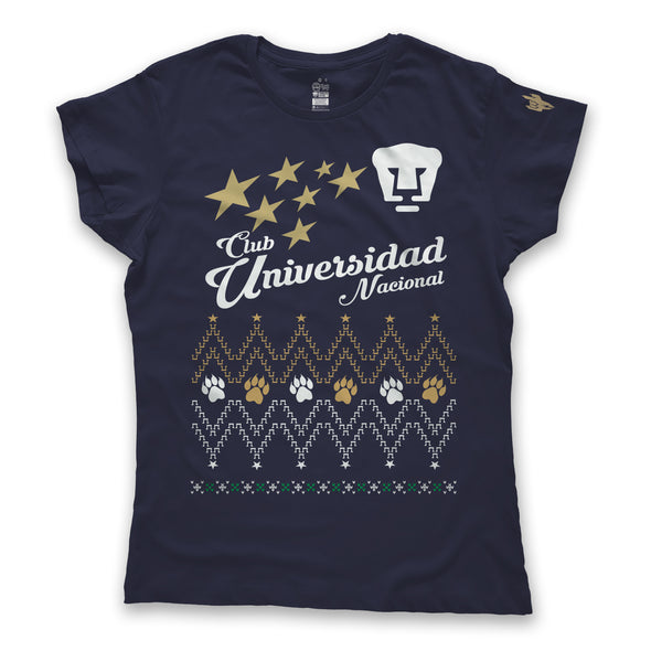 Playera Tipo Ugly Sweater Navideño-Pumas-Huellitas Marino-Dama