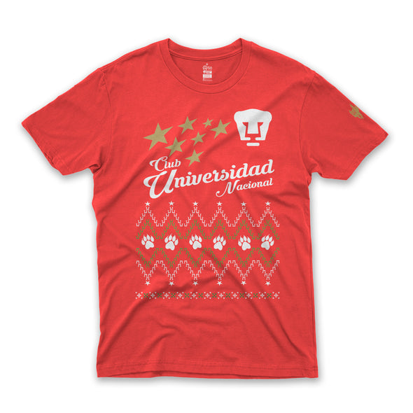 Playera Tipo Ugly Sweater Navideño-Pumas-Huellitas Rojo-Caballero